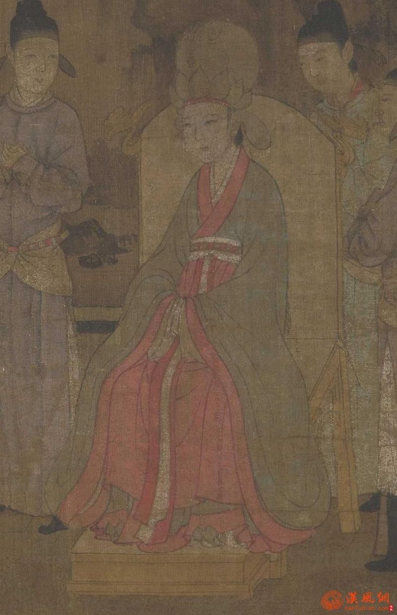 谒庙,朝会时穿礼服,皇后礼冠为凤冠,穿袆衣,深青地,画红加五色翟(雉鸟